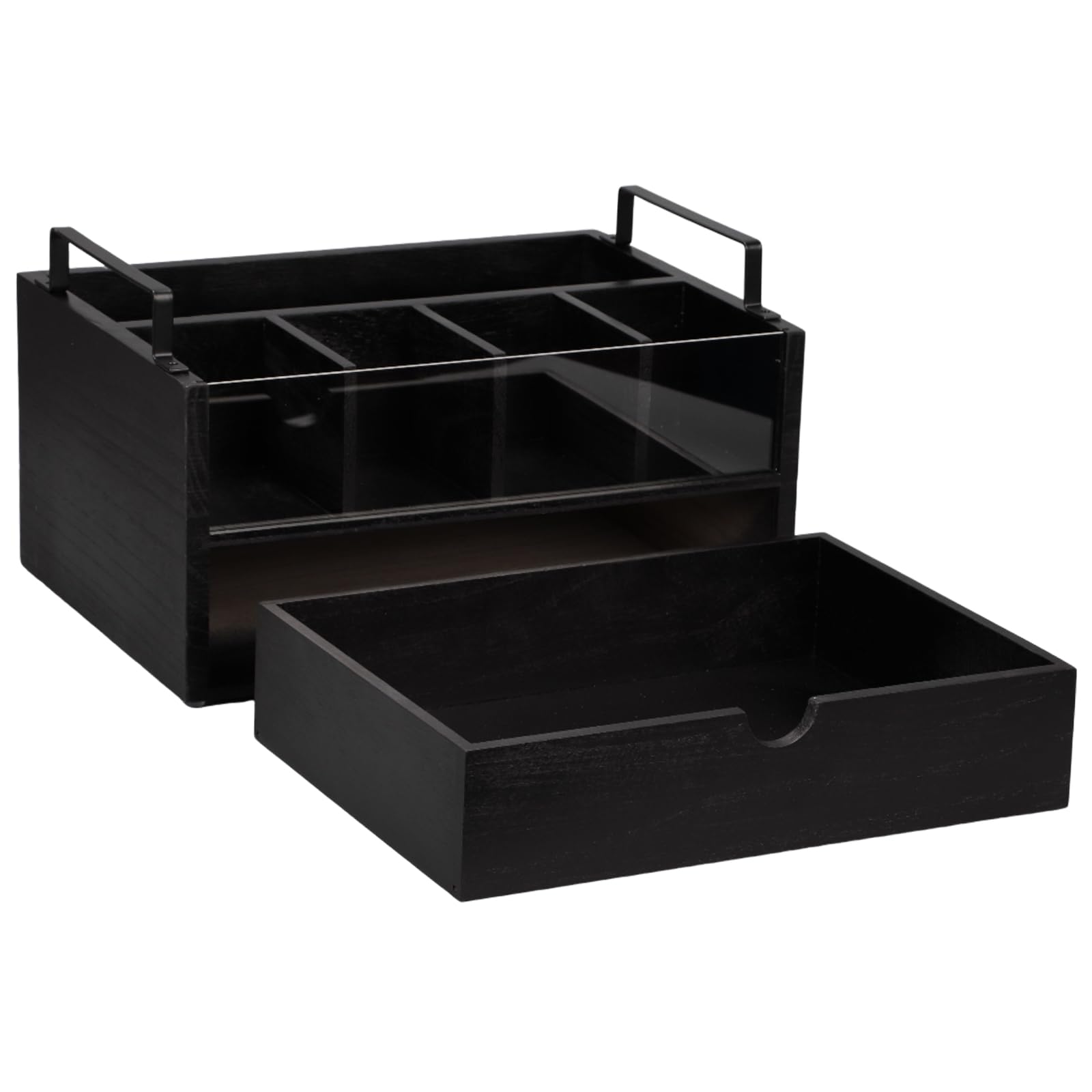 Organizador de Café y Té, Organizador de Barra de Café con 5 Compartimentos y 1 Cajón dispensador capsulas, Caja de Madera para Accesorios de Cafetera, Estación de Cafe de Escritorio (Negro)