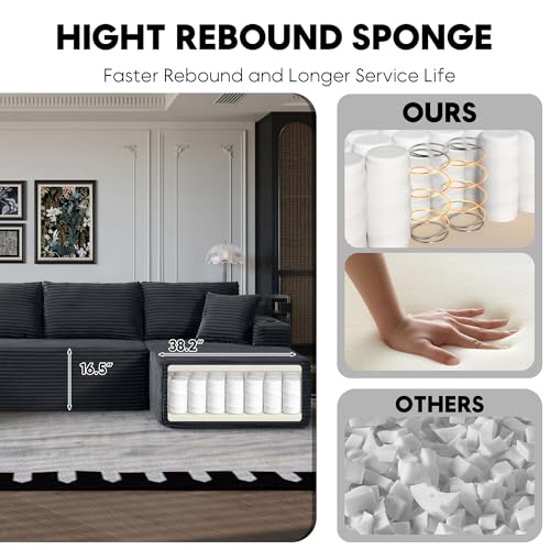 Image of Oversized Cloud Boneless Couch with Chaise, Modern Modular Sofa with Deep Seat, Corduroy Upholstered U Shaped Couch for Living Room, No Assembly Required (Grey)
