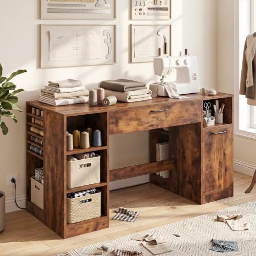 COSTWAY Sewing Machine Table with Power Outlets, Massive Storage (Brown)