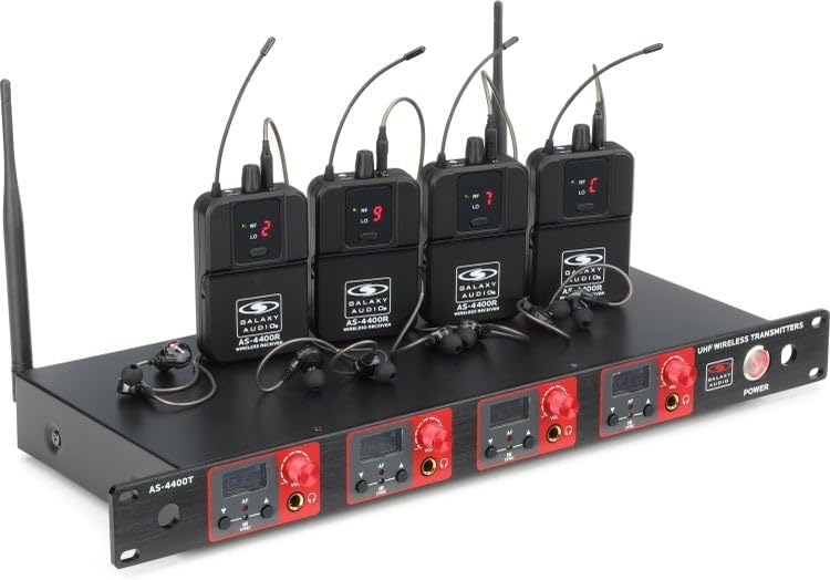 Galaxy Audio Quad Wireless in-Ear Monitor System, 534-551 MHz Frequency Range, 4-Transmitter 1U Rackmount Unit, 16 Selectable UHF Channels, Includes 4 Bodypack Receivers and EB5 Earbuds - AS4400M4