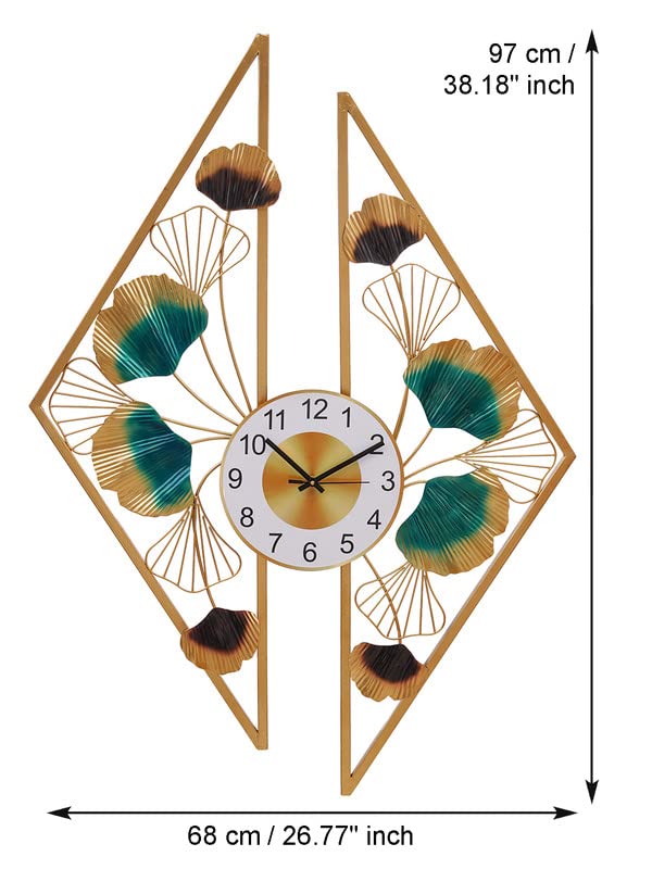 Image of CHRONIKLE Stylish Wall Art Floral Design Analog Metal English Numbers Wall Clock for Living Room Home Decoration Office Gifts (Size: 68 x 1 x 97 CM | Weight: 2230 Gram | Color: Golden & Green)