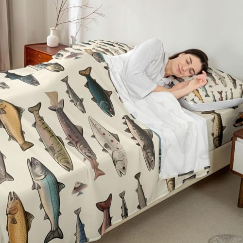 Image of jejeloiu Fish Bed Sheets Set Full Size Ocean Sea Animal Bed Set for Kids Boys Girls Marine Theme Deep Pocket Fitted Sheet Marine Theme Breathable Soft Lightweight Microfiber