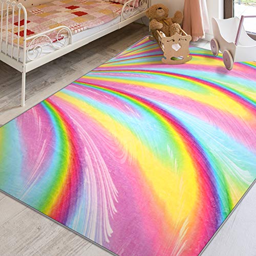 PartyKindom Kids Rug for Girls Room with Non-Slip Design - Rainbow Area Rugs for Children Kids Bedroom Play Room Nursery Colorful Fluffy Carpet Home Decor (5 x 6.5 Ft) - Thumbnail 2