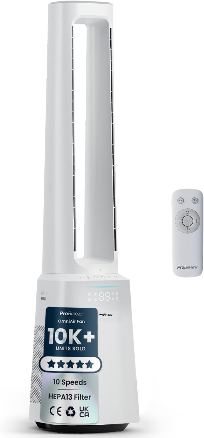 – Pro Breeze® OmniAir 41" Bladeless Tower Fan with Air Purifier - Silent Standing Portable Circulator - Remote Control, HEPA Filter, LED Display, 10 Fan Speeds, 5 Modes & 60° Oscillation