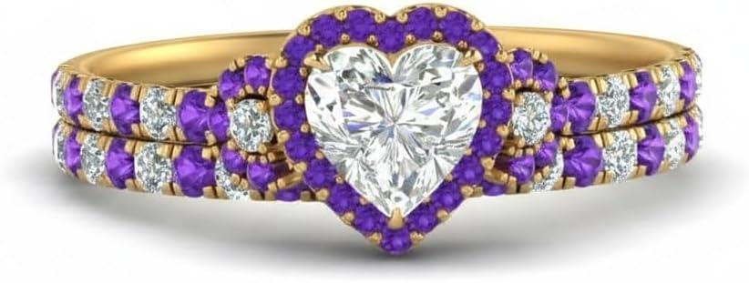 Choose Your Gemstone Delicate Halo Ring with Matching Band Yellow Gold Plated Heart Shape Wedding Ring Sets Everyday Jewelry Wedding Jewelry Handmade Gifts for Wife US Size 4 to 12