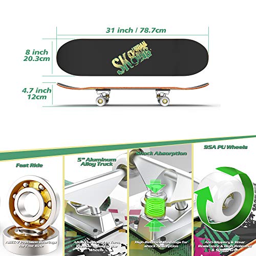 Skateboards voor beginners, 31 "x 8" Compleet Skateboard met ABEC-7 lager & 95A Wiel, 8 laags Hard Maple Deck voor Kids Tieners & Volwassenen, Dubbel Kick Deck Concave Cruiser Trick Skull Skateboard, Load 2200lbs - Afbeelding 4