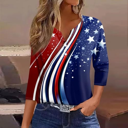 Image of 4th of July Shirts Women 3 /4 Length Sleeve Womens Tops Henley Neck Casual Patriotic T Shirts
