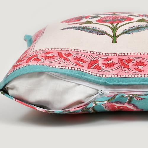 Image of BLOCKS OF INDIA Hand Block Printed Cotton Linen Cushion Cover (16 X 16 Inches) (Green Pink Motifs), 250 TC