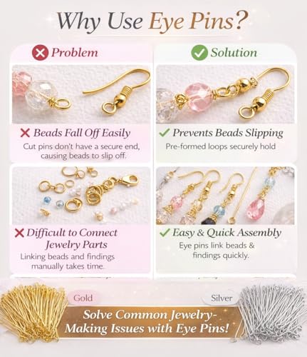 Image of Tia Crafts Eye Pins for Jewellery Making, Earrings & DIY Crafts | Golden Metal Eye Pins with Loop for Beads & Charms | Pack of 300 (Golden)