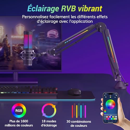 Bras de micro de gaming TONOR T20S avec éclairage RGB contrôlable par application