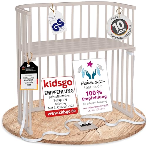 babybay Boxspring Beistellbett aus massivem Buchenholz/kompakt & verwandelbar/Kinderbett Höhe stufenlos verstellbar & umweltfreundlich/mitwachsendes Babybett (beige lackiert)