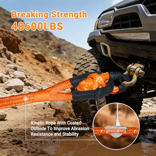 Image of Kinetic Recovery Rope 7 /8 inch x 30ft, 48600lbs Breaking Strength Kinetic Tow Rope,Heavy Duty Recovery Rope with 2pcs Soft Recovery Shackles for Off-Road,Trucks,Jeep,SUV, ATV, UTV,Tractor