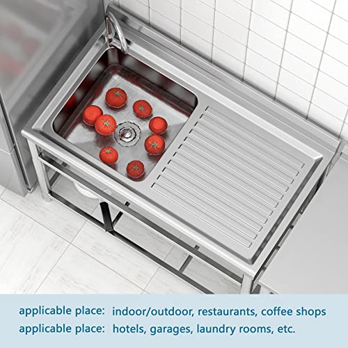 Freestanding Stainless Steel Sink, Commercial Restaurant Sink, Large Single Bowl Sink, Outdoor Sink, Industrial Sink For Restaurant, Cafe, Bar, Hotel, Garage, Laundry Room, W43” × D25.2” × H33.5” #TOP7