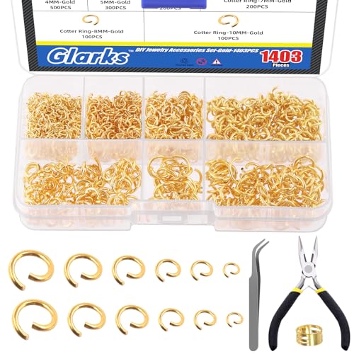 Glarks 1403Pcs 10mm 5mm 4mm 7mm 8mm Open Jump Rings Kit, Iron Round Ring Connectors Nickel Free Gold O Rings for Jewelry Making Connectors and Necklace Repair