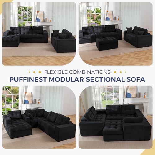 Image of MAXYOYO Modular Sectional Sofa with Ottoman and Loveseat, Cloud Boneless Couch with Layered Cushion, Flexible Module Combination Sofa for Living Room, No Assembly Required,Black