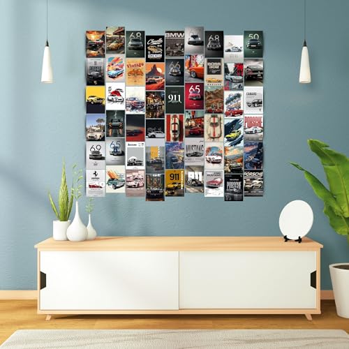 Image of Posters Inc 54 Pcs Vintage Super Cars Posters for Wall Art Collage Kit, Car Pictures and Photos for Room Decor Aesthetic, Small Mini Gaming Poster 300 GSM Matte Paper A6 Size 4x6 Inch with Glue Dots