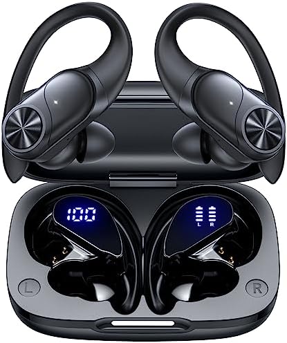 PocBuds Bluetooth Headphones Wireless Earbuds 80hrs Playtime Wireless Charging Case Digital Display Sports Ear Buds with Earhook Deep Bass IPX7 Waterproof Over-Ear Earphones for TV Phone Laptop Black