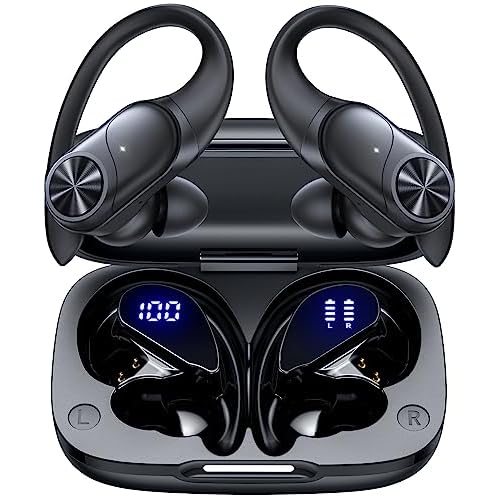 PocBuds Bluetooth Headphones Wireless Earbuds 80hrs Playtime Wireless Charging Case Digital Display Sports Ear Buds with Earhook Deep Bass IPX7 Waterproof Over-Ear Earphones for TV Phone Laptop Black