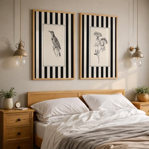 Image of TheMakerly Set of 2 Minimalist Black & White Framed Wall Painting for Living Room | Modern Botanical & Bird Illustration Wall Art | Aesthetic Striped Wall Decor Frames for Bedroom, Office & Hall (M.2, 13x19 inches)