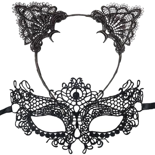 TNSOYCA Serre tete oreille de Chat Chat Masque Dentelle, Sexy Masque Dentelle pour fête Mascarade Costume Fournitures Déguisement d'halloween...
