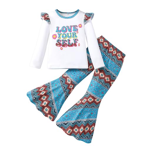 Image of Girl 2pcs set with ruffle sleeves top flared pants spring summer short sleeves 4-12Y