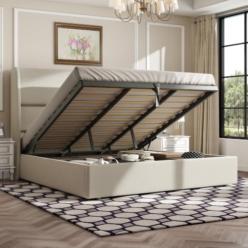AMERLIFE King Lift Up Storage Bed Frame Linen Wingback Headboard, Khaki