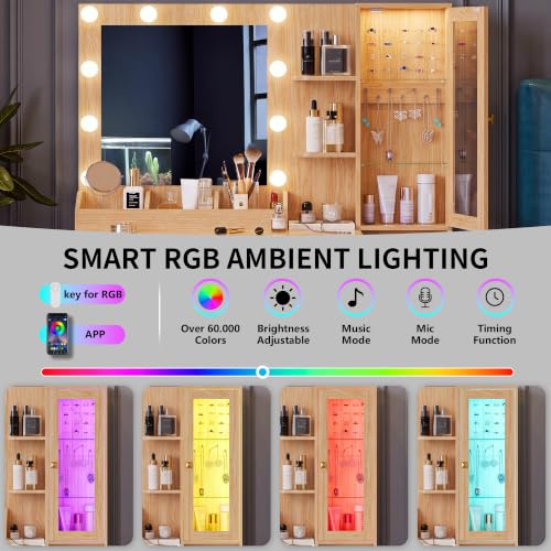 Image of Vanity Desk with Mirror and Lights, Makeup Vanity Table Set with 5 Storage Drawers, Power Outlet & Chair, Small Dressing Table with RGB Ambient Light, Adjustable Brightness for Girls Bedroom, Oak