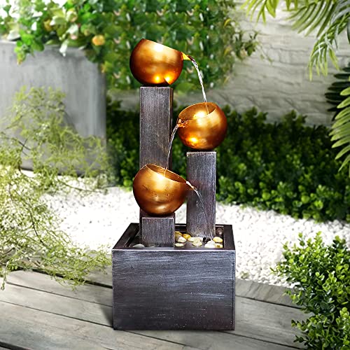 SunJet Indoor Outdoor Water Fountain with Lights - 28.5" Tall Modern Metal Water Fountain - 3-Tiers Column and Bowl Freestanding Water Fountain Cascading Fountain with Rocks for Home Garden Art Decor