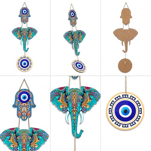 Image of Evil Eye Wall Hanging for Home Entrance | Nazar Suraksha Decorative Hanging | Blue Evil Eye Protection Charm | Handmade Wall Decor for Home, Office, Shop & Temple (Elephant)