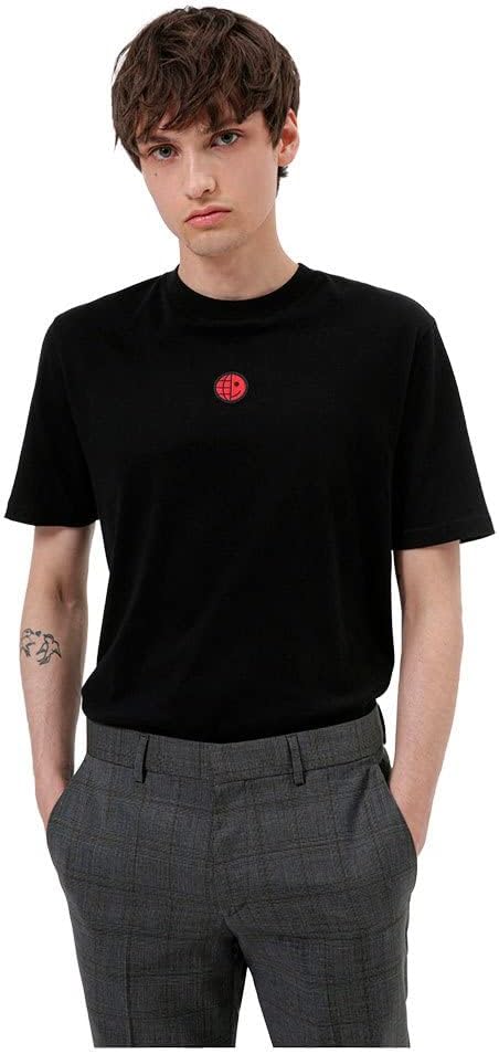 Mens Dinster Unisex Organic-Cotton T-Shirt with Smiley-face Badge