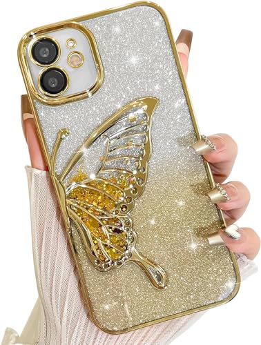 Image of SHINESTAR 3D Butterfly Case for iPhone 12 Cover, Cute Girly Glitter Bling Luxury Back Cover for Women Girls Protective Shockproof Slim Camera Protection for iPhone 12 - Gold
