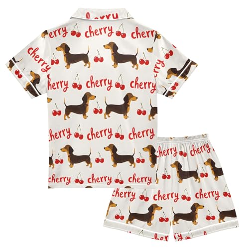 Dachshund Cherry Pattern Summer Satin Pajama Set, Cute Button-Down Sleepwear Pj Set for Sleep Wears2