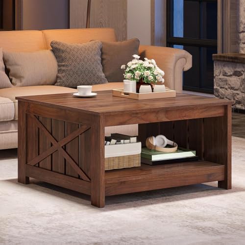 DWVO Square Coffee Tables for Living Room Farmhouse Coffee Table with Storage, 2-Tier Wood Center Table with Half Open Storage Compartment, Espresso