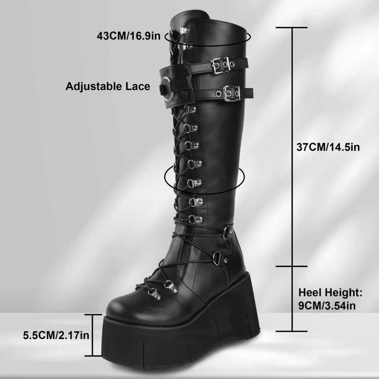 Gothniero Botas de plataforma negra hasta la rodilla Botas góticas de mujer Botas de combate para mujer Botas de moto Rave Zapatos góticos ligeros y cómodos con talla de encaje 35-43