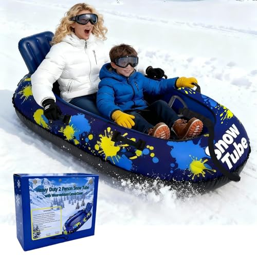 2 Person Heavy Duty Snow Tube with Premium Canvas Cover for Kids and Adults Towable 2 Person Snow Tube with 4 Handles for Sledding, Thickened Anti Damage Bottom Cold-Resistant Winter Outdoor Toy