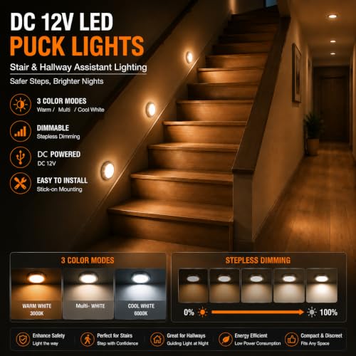 Image of Smart LED Puck Lights, Dimmable Under Cabinet Lighting with Bluetooth App Control, Music Sync, Timer, DC 12V Adaptor (2Pack, Multi-White)