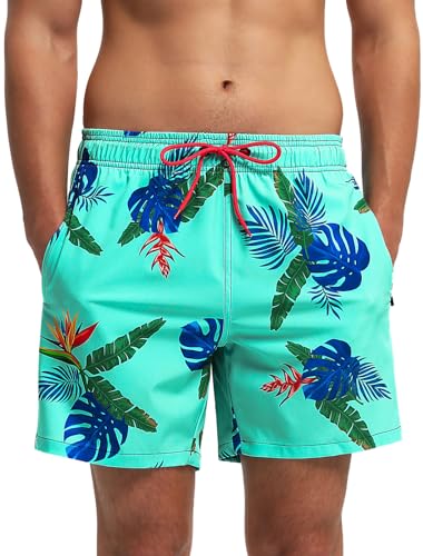 TMEOG Bañador Hombre 2 en 1 Forro Malla Cintura Elástica con Cordón Bolsillo Cremallera - Shorts Playa Secado Rápido Natación(Cocoteros,S)