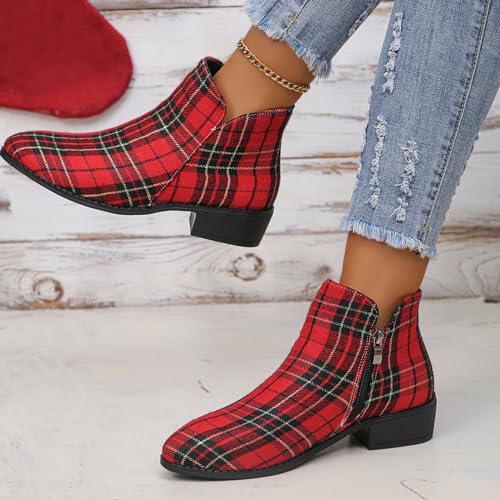 Ladies Fashion Christmas Plaid Pointed Side Zipper Thick Heel Ankle Boots Platform Boots Women Dressy2
