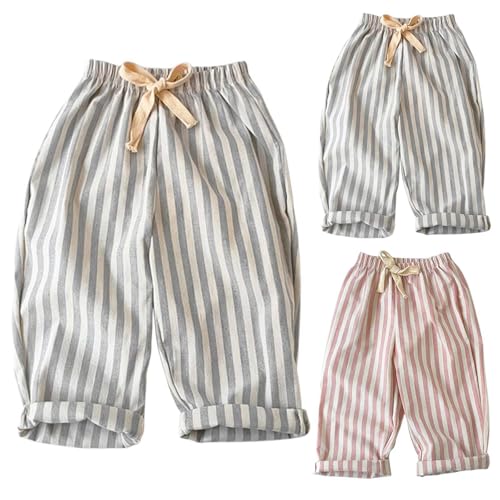 Kids Boys Girls Striped Linen Haram Pants Elastic Waist Baby Toddler Lounge Long Pants Spring Summer Casual Gauze Pants