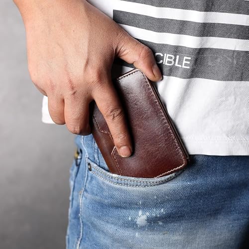 Image of Contacts Genuine Leather Slim Card Wallet for Men | RFID Blocking Minimalist Front Pocket Wallet | Compact Bifold Card Holder with Cash Slot (Brown)