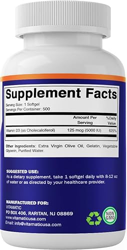 Miniatura 9 de Vitamatic Vitamina D3 5000 UI (125 mcg) - 500 cápsulas blandas (a base de aceite de oliva) - Suministro de 500 días - para una función muscular