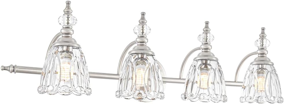4 Light Brushed Nickel Bathroom Light Fixture, Antique Vanity Light with Flower Glass Shade, Bathroom Vanity Light Over Mirror, Farmhouse Sconces Wall Lighting for Hallway Livingroom Bedroom 4 light Nickel