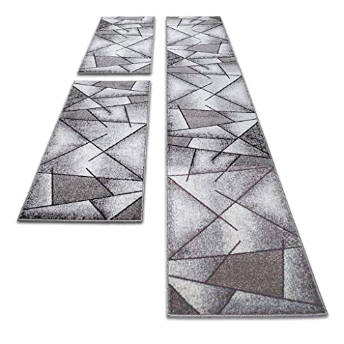 oKu-Tex Bettumrandung Set 3-teilig [67x340 cm | 2 mal 67x140 cm] Grauer Bettvorleger, meliert - weicher Kurzflor pflegeleicht - Teppich Schlafzimmer - Modernes geometrisches Design - Deutsche Marke