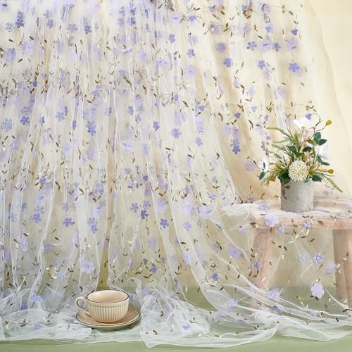 NBEADS Tissu Fleuri Brodé de 6 mètre Tissu Tulle Brodé en Maille de 1.3 m de Large Bordure en Dentelle Fibre Maille Douce pour Robe Bricolage Rideau Décoration...