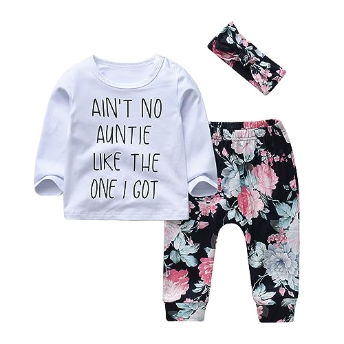 KuKitty 3Pcs Baby Girl Outfits Set Long Sleeve T-Shirt Tops Flowers Pants with Headband