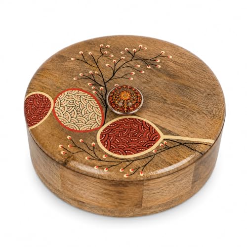 Image of Artysta 'Cherry Blossom' Wooden Chapati Box | Wooden Casserole For Roti | Chapati Box For Kitchen | Roti Box with Lid | Housewarming Gifts | Handpainted Roti Box | Mango Wood 8inch, 1080ml