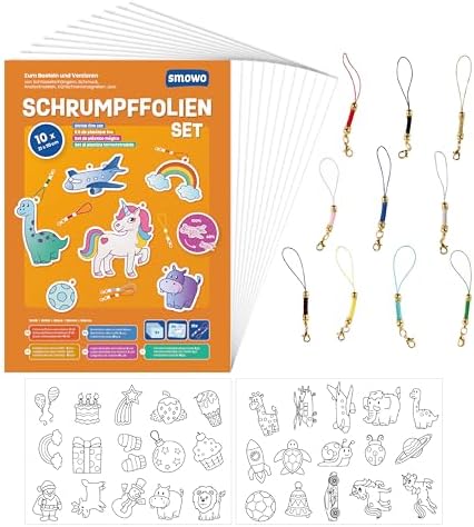 Smowo® Schrumpffolien Set mit Schlüsselanhänger - 10 Stück schrumpfende Plastikfolie - Bastelset mit Motiven - A4 matt transparent
