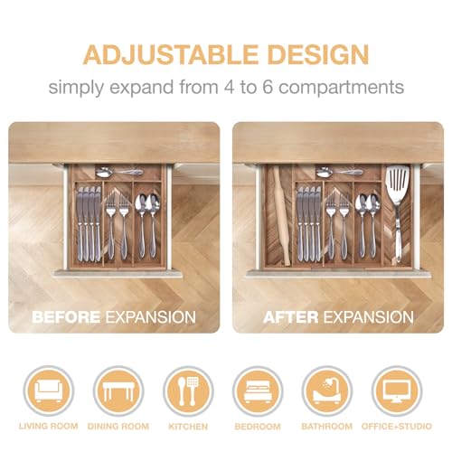 woodluv Cutlery Tray, Drawer Dividers For Kitchen Utensil Organiser, Expandable Tray for Office Supplies, Storage for Cutlery, Large - Acacia Wood - Image 2