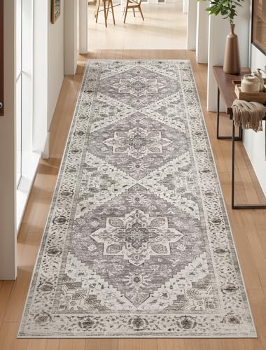 SERISSA Boho Washable Runner Rug, 2'6"x8' Non-Slip Vintage Earth Tone Hallway Kitchen Runner Rug Ultra Soft Print Distressed Floor Carpet for Bedroom Bathroom Laundry Room
