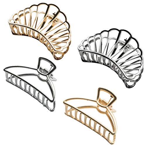 4 PACK Large Metal Hair Claw Clips, Vintage Hollow Hair Catch Barrette Non-Slip Jaw Clamp Hairgrip for Women Girl Half Bun Hairpins for Thick Long Hair (Black + Gold)